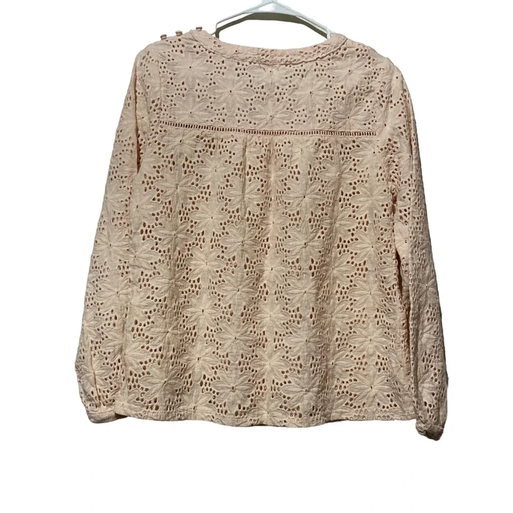 Laffaire‎ Womens Casual Top Pink Eyelet Floral Long Sleeve Jewel Neck M